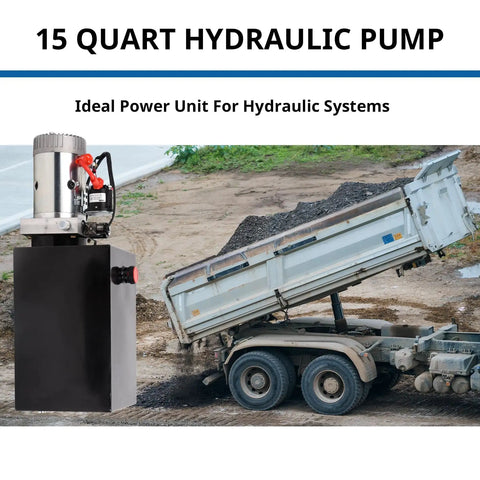 12V DC Single Acting Hydraulic Pump With 15 Quart Reservoir For Dump Trailers And Car Lifting In Metal Housing 3200 PSI A Port
