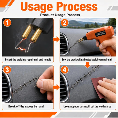 Usage process for Three Thousand Pieces Plastic Welder Staples Kit With Storage Box 0.6mm And 0.8mm for car bumper repairs