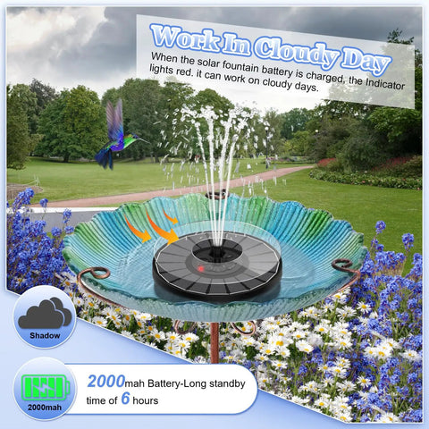Solar Fountain With 2000mAh Battery And Smart Indicator, 3.5W Glass Water Pump for Bird Baths in a garden