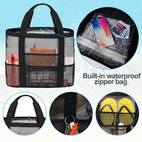 Mesh Beach Tote For Women With 8 Pockets And Inner Zipper Pocket, Waterproof Sandproof Beach Bag with organized compartments.