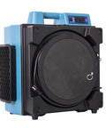 Heavy Duty Air Scrubber Slings Seven Five Zero Cfm Negative Air Through Triple HEPA Filters To Clear Rooms Fast, blue and black casing, side view.