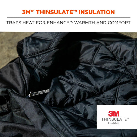 Close-up of 3M Thinsulate lining in Tough As Nails Heavy Duty Insulated Bib Overalls For Winter Workwear, black size small.