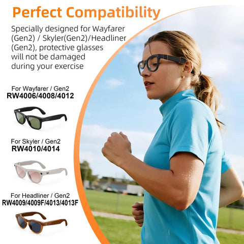 Woman running with waterproof silicone eyewear cover with sweat proof ear grip for Ray Ban Meta Wayfarer Skyler Headliner Gen 2