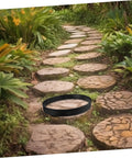 Round Concrete Paver Mold For DIY Garden Pathways Reusable Cement Mould For Landscaping And Outdoor Decor Easy To Use Pavement Form displayed in a garden path setting.