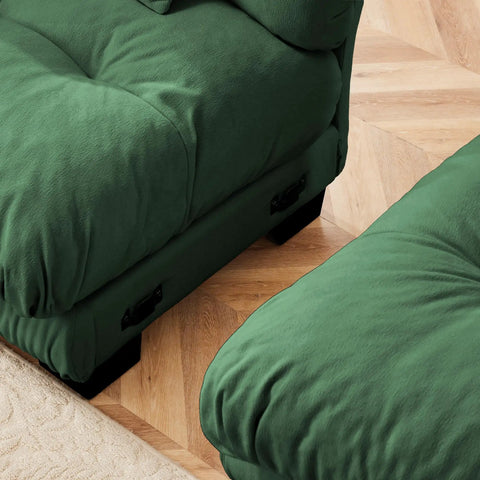 Modern Green Tufted Modular Sofa Chair Right Facing Armless Sectional Module With Fluffy Accent Pillows close-up view of soft fabric