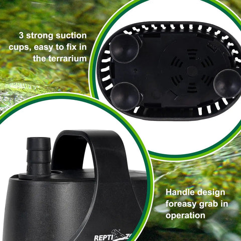 Low Water Level Drain Pump 243 GPH 26W Submersible with suction cups and handle design for turtle tanks, fish tanks, paludariums