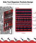 Side view of a black and red side tool organizer with 5 layers and multiple pockets on the Power Tool Organizer Cart.