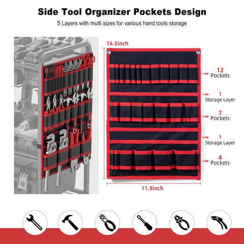 Side view of a black and red side tool organizer with 5 layers and multiple pockets on the Power Tool Organizer Cart.