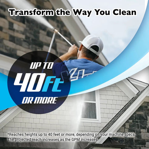 Person using M5 13 Variable Pressure Wash Kit With Adjustable Long Range External Injection Nozzle up to 40 ft on house siding
