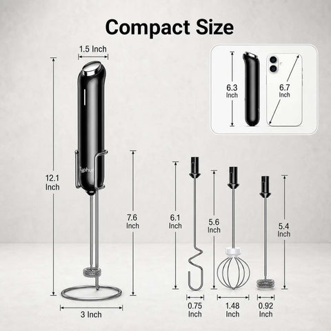 Rechargeable Handheld Coffee Frother Wand Detachable Whisk Mixer For Latte Cappuccino Matcha Protein Shakes Matte Black showing dimensions and accessories.