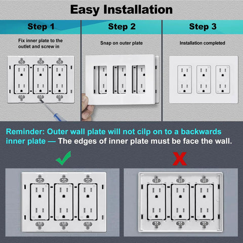 Installation guide for 3 Gang Screwless Decorator Wall Plates 2 Pack Slick Flush Mount Light Switch Covers, showing steps and tips.