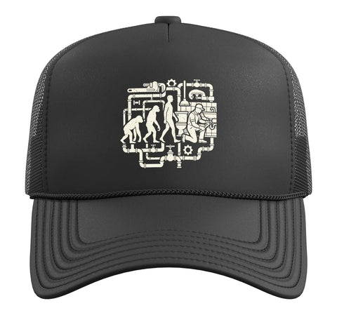 Evolution Graphic Plumbing Trade Trucker Hat With Adjustable Mesh Back And Snap Closure, structured foam cap with plumbing design.