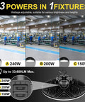 UFO LED High Bay Light 240W 190W 140W Adjustable Workhorse 33600LM Tunable 3000K 5000K 0-10V Dimmable IP65 demonstration in warehouse.