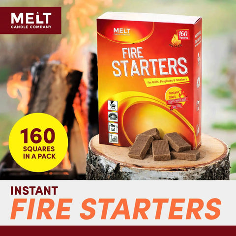 Box of All Weather Fire Starter Squares Pack 160 Count for Campfire Charcoal Grill and Wood Stove Odorless Wax and Sawdust Starters