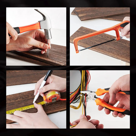 Hands using various tools on wood and wires, not related to Cordless Drill Kit 21V Power Drill Set With Two Batteries And Charger 25 Plus 3 Torque Settings Two Speed Modes Up To 1850 RPM And 600 RPM 315 Inch Pounds Torque LED Light 43 Piece Bit Set Impact Drill For Home DIY