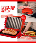 Micro Grill Max Microwave Sandwich Maker With 3 Min Grilled Cheese Capability, red silicone cover, large non-stick grill, fits thick sandwiches.
