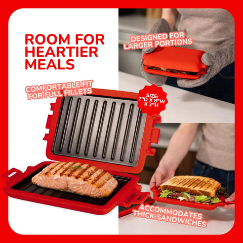 Micro Grill Max Microwave Sandwich Maker With 3 Min Grilled Cheese Capability, red silicone cover, large non-stick grill, fits thick sandwiches.