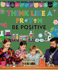 Family creating a display with 56Pcs Science Bulletin Board Decorations Set With Lab Themed Cutouts, Borders, Adhesive Dots.