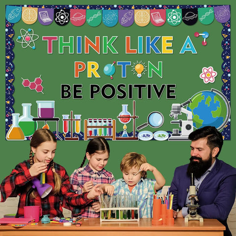 Family creating a display with 56Pcs Science Bulletin Board Decorations Set With Lab Themed Cutouts, Borders, Adhesive Dots.