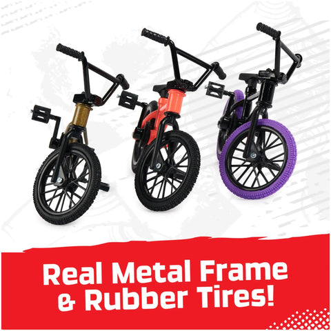BMX Finger Bike 3-Pack Officially Licensed Totally Customizable Collectible Mini Replica Toys With Real Metal Frames And Graphics For Collectors And Kids 6 And Up Amazon Exclusive, featuring three mini bikes with metal frames and rubber tires.