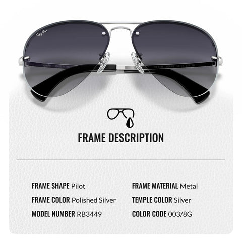 RB3449 Pilot Shape Nonpolarized Sunglasses For Men With Gray Gradient Lenses and Polished Silver Frame Metal Material