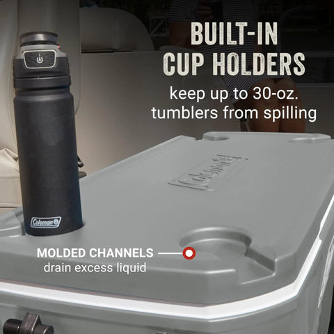Insulated Rolling Cooler With Wheels That Keeps Ice For Days, Leak-Resistant Hard Ice Chest with built-in cup holders and drain channels.
