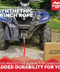 ATV with mounted Beefed Up 50 Foot 1/4 Inch Synthetic Winch Rope Kit For Jeeps ATVs UTVs And Quad Bikes, shown with packaging.