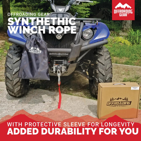 ATV with mounted Beefed Up 50 Foot 1/4 Inch Synthetic Winch Rope Kit For Jeeps ATVs UTVs And Quad Bikes, shown with packaging.