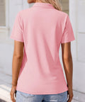 Back view of Light Pink Women Polo Shirt With Short Sleeve 3 Button Collared Golf Style Cotton Blend Lightweight Breathable All Day Comfort Work Top For Summer Casual Business Casual Tee Size M
