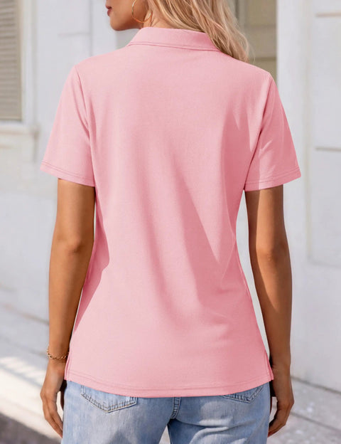 Back view of Light Pink Women Polo Shirt With Short Sleeve 3 Button Collared Golf Style Cotton Blend Lightweight Breathable All Day Comfort Work Top For Summer Casual Business Casual Tee Size M