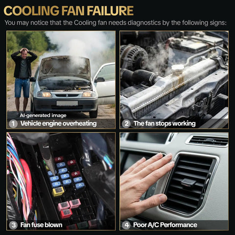 Cooling fan failure signs: overheating engine, fan malfunction, blown fuse, poor A/C performance in vehicle. Watch for these issues.