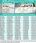 Refrigerator/freezer door gasket, white, installed on fridge door; compatible with Frigidaire, Kenmore, Electrolux, Crosley.