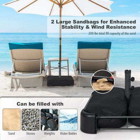 Heavy Duty 200 Lb Umbrella Base With Two Sandbags For Market Patio And Poolside Use with chairs on beach