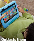 Child using a Heavy Duty Seven Inch Tablet For Kids Ages Three To Seven with blue kid-proof case and colorful content display.