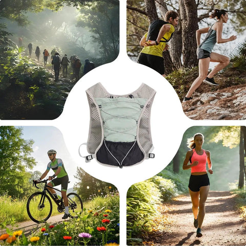 Hydration Vest With Reflective 5L Waterproof Water Backpack shown in outdoor activities like cycling and trail running.