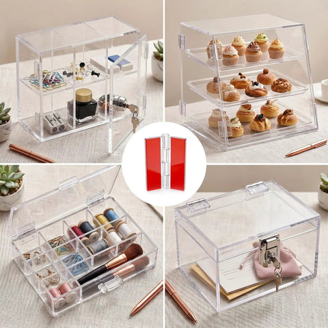 Display of 8 Pack Clear Acrylic Self Adhesive Hinges 45x35mm on various DIY boxes and cases.