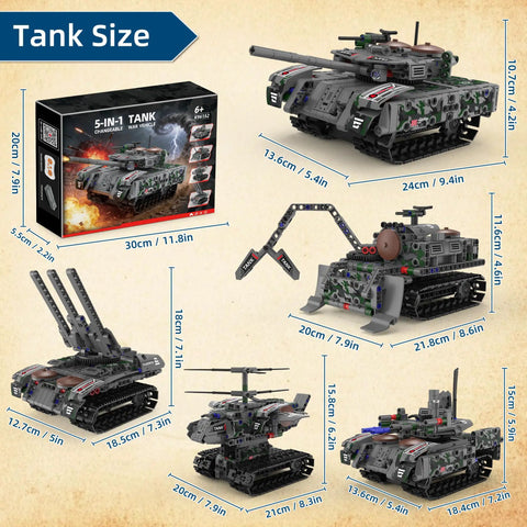 5-In-1 RC Tank Robot Building Set With 389 Pieces Transformable WW2 Military Vehicle Kit showing tank dimensions and box