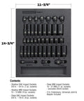 Beefy Forty Piece Impact Socket Set With Three Eighth Inch Drive Six Point Z Drive Sockets In SAE And Metric Tool Organizer Tray Pro Tech Series Black Model 949011 displaying socket sizes and components with organizer dimensions.