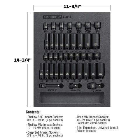 Beefy Forty Piece Impact Socket Set With Three Eighth Inch Drive Six Point Z Drive Sockets In SAE And Metric Tool Organizer Tray Pro Tech Series Black Model 949011 displaying socket sizes and components with organizer dimensions.