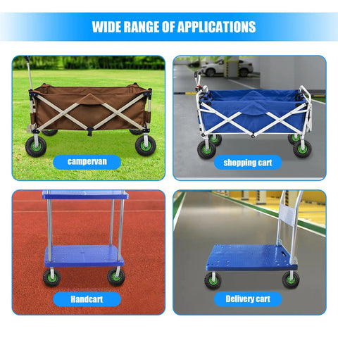 10 Inch Heavy Duty Pneumatic Caster Wheels Set Of Four Rolls Smooth As Butter 660 LBS Per Wheel two swivel two rigid carts in use.