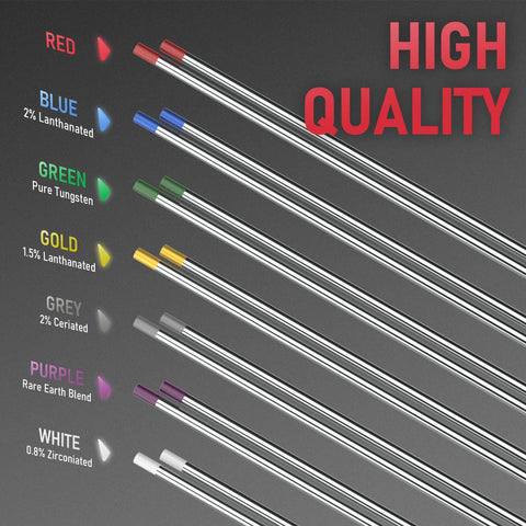 Color-coded tungsten electrodes for TIG welding, highlighting gold tip as 1.5% lanthanated for easy arc start performance.