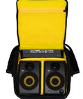 GoAux 3 3 Inch Portable Studio Monitors in soft case, bi-amplified, showing two 3-inch woofers and accessories for travel.