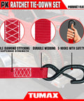 Four Piece Heavy Duty Ratchet Tie Down Straps For Truck And Motorcycle Cargo With Safety Latch Hooks and Rubber Coated Ends, featuring durable webbing and double diamond stitching.