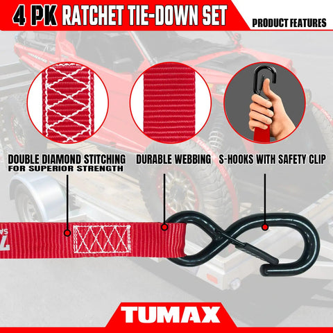 Four Piece Heavy Duty Ratchet Tie Down Straps For Truck And Motorcycle Cargo With Safety Latch Hooks and Rubber Coated Ends, featuring durable webbing and double diamond stitching.