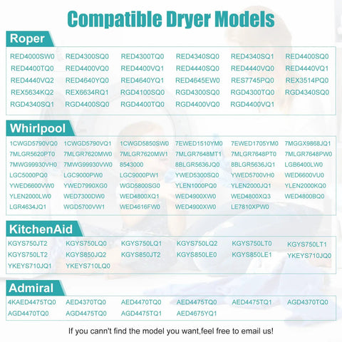 Image of compatible dryer models for Upgraded 4392065 Dryer Repair Kit DIY Friendly With 691366 Idler Pulley, 341241 Dryer Belt And 349241t Roller.