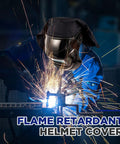 Pro Grade All in One Welding Helmet Cover With Cotton Bib And Extended Head And Neck Protection Press Fit Seal Hood For Full Coverage Head And Neck Protector Fits Most Helmets Black in use against sparks.