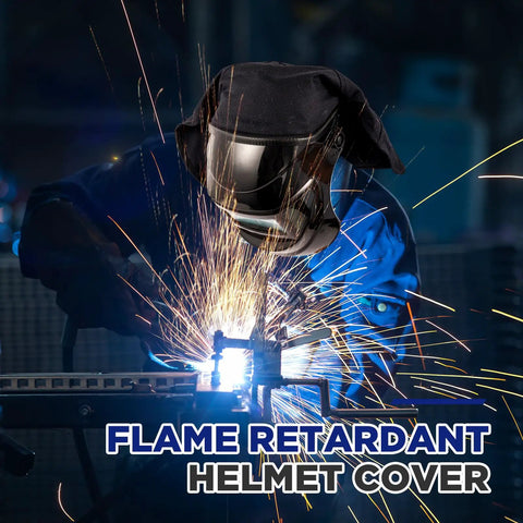 Pro Grade All in One Welding Helmet Cover With Cotton Bib And Extended Head And Neck Protection Press Fit Seal Hood For Full Coverage Head And Neck Protector Fits Most Helmets Black in use against sparks.