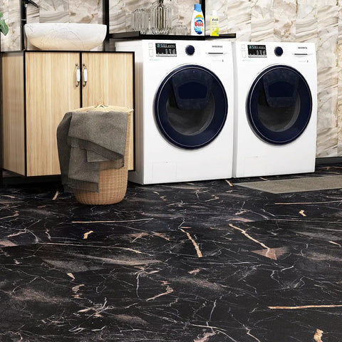 Laundry room with black marble peel and stick floor tiles, 12 by 12 inch, showcasing waterproof vinyl flooring