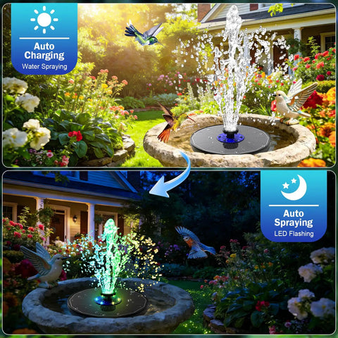Day and night view of Pro Grade 3.5W Glass Panel Solar Fountain With RGB Night Show And Anti Drift Fixer installed in a garden