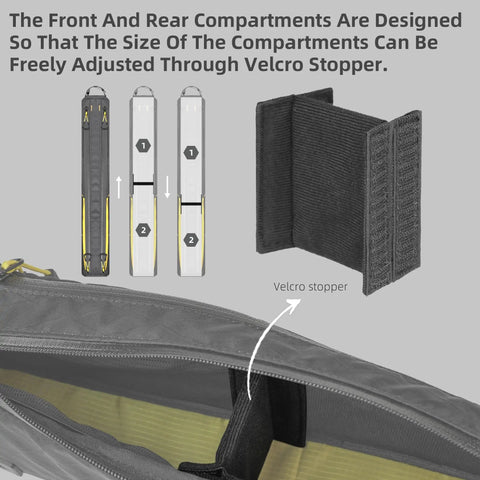 Adjustable compartment of Top Tube Bike Bag Waterproof Front Frame Organizer 2.1L with Velcro stopper visible.